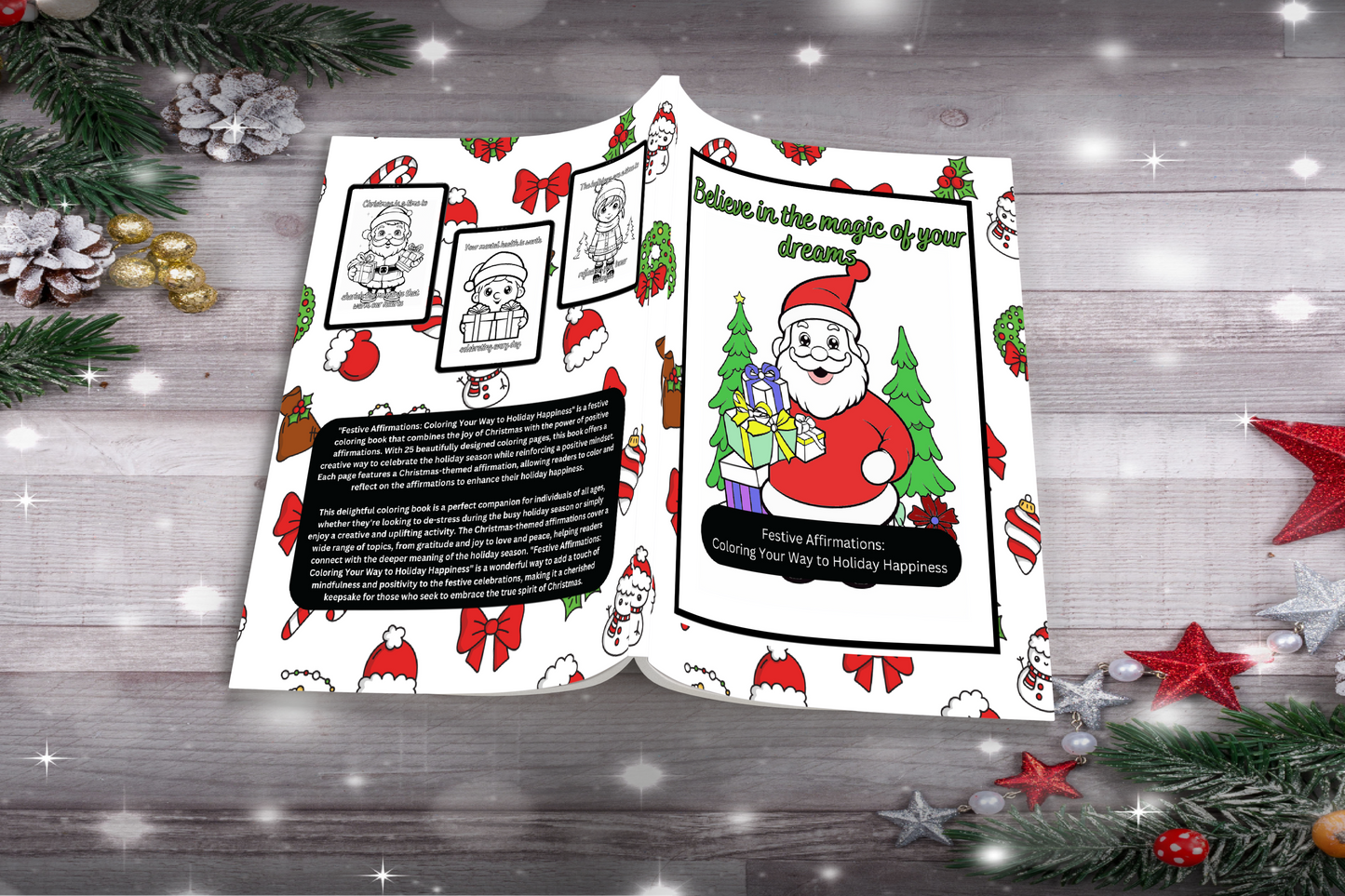 Christmas coloring book with festive affirmations and cozy art