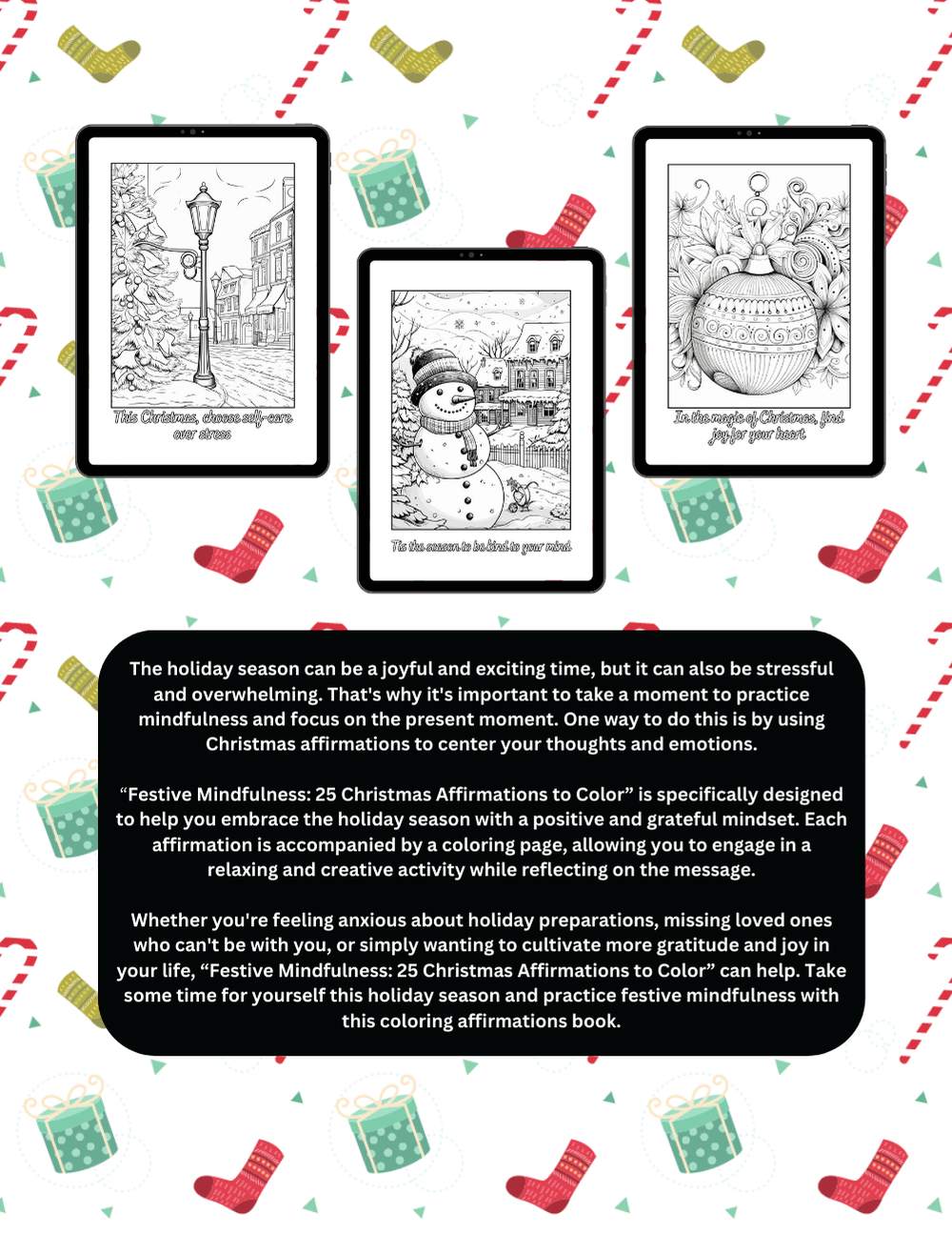 Mindfulness coloring book with holiday affirmations and calm designs