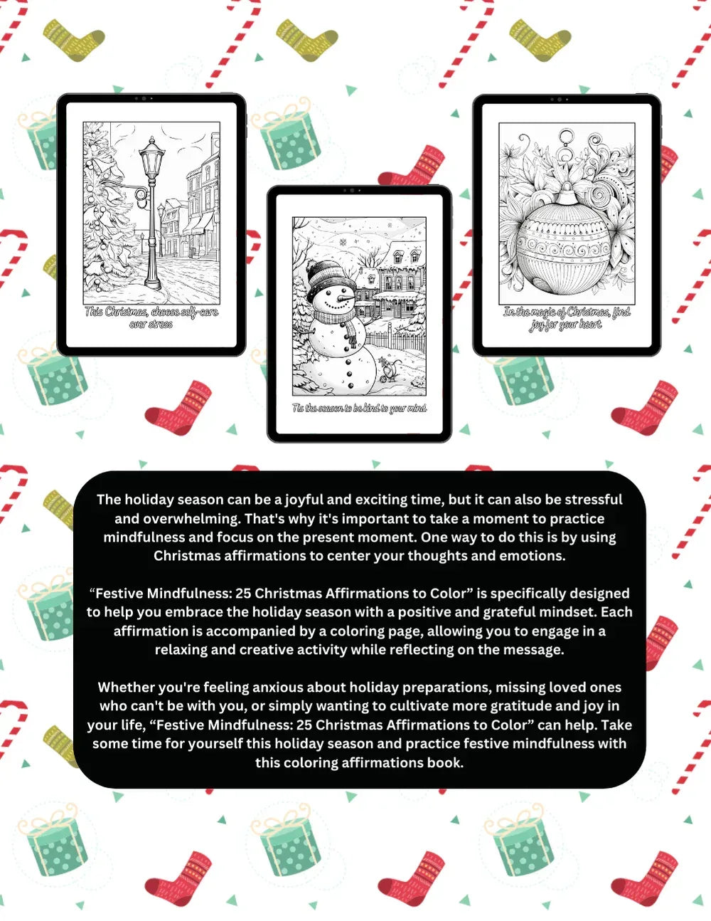 Shop our premium festive mindfulness christmas coloring book with 25 christmas themed affirmations from MySisterIsASurvivor.