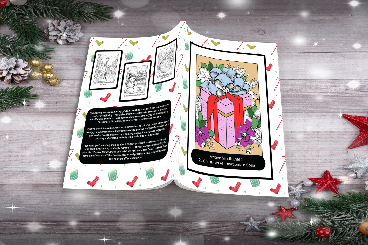 Mindfulness coloring book with holiday affirmations and calm designs