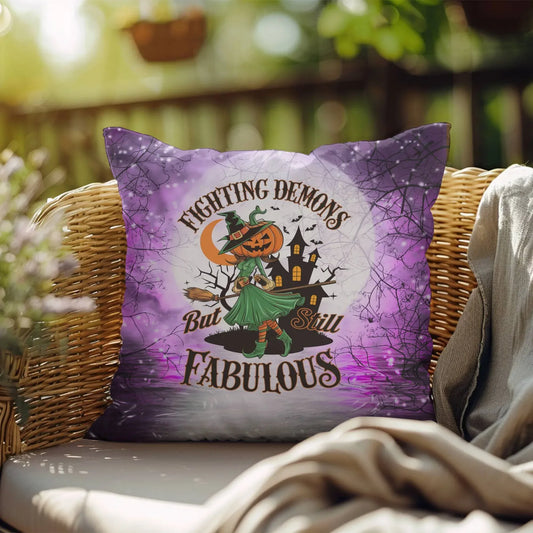 Shop our fighting demons halloween pillow featuring the 18" x 18" style option from MySisterIsASurvivor.