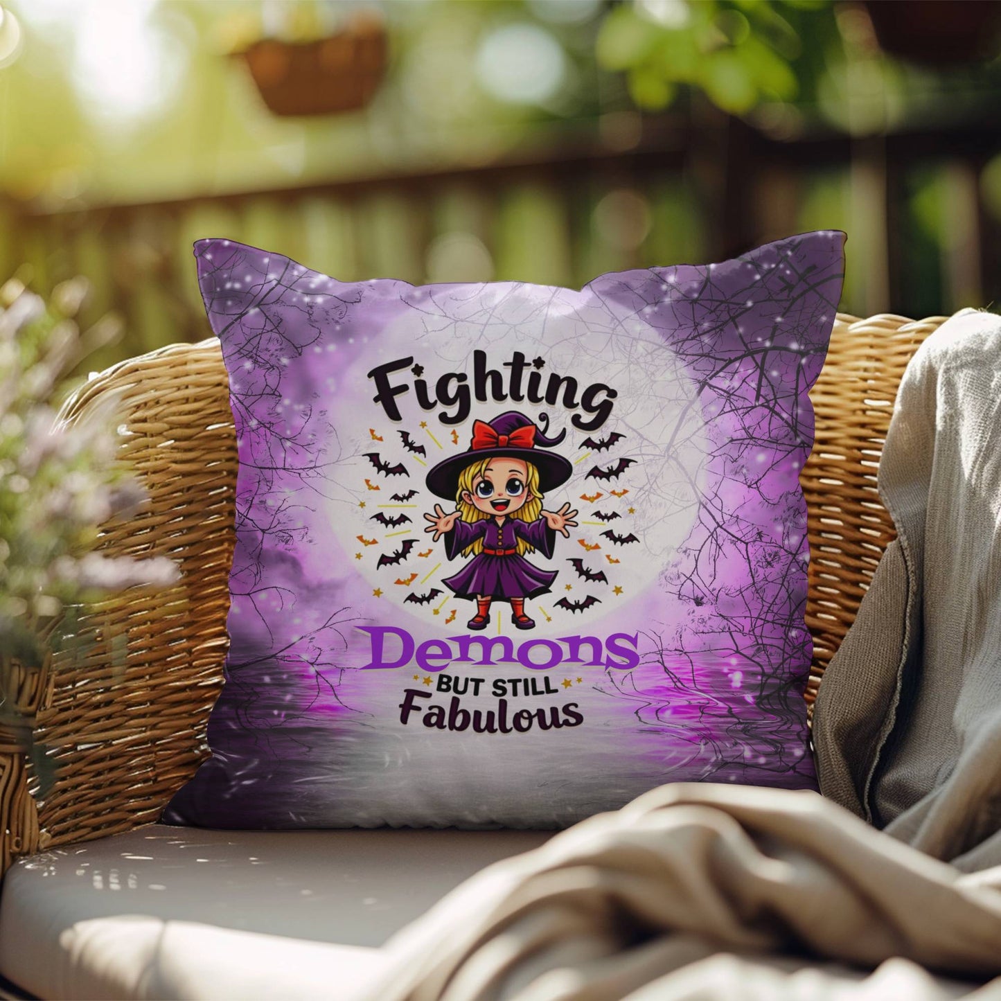 Halloween indoor/outdoor pillow with “Fighting Demons but still” for mental health and resilience