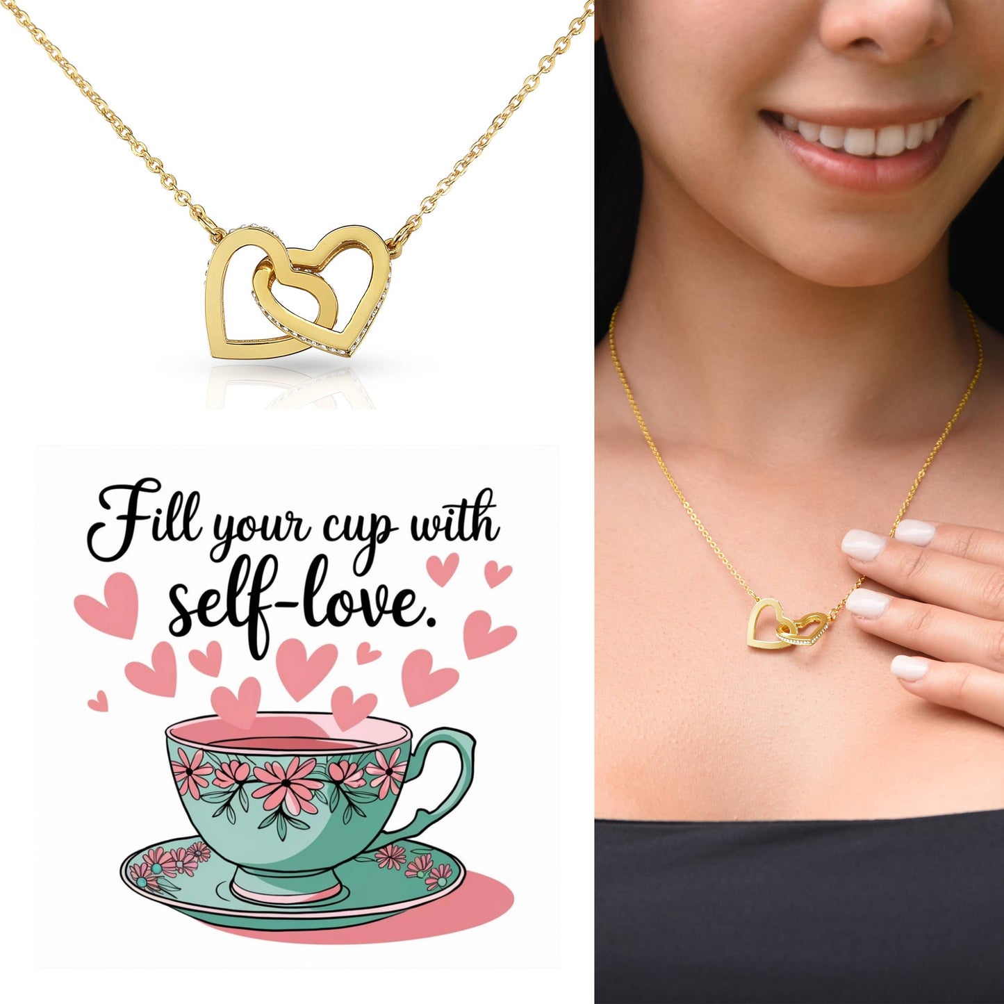 Fill Your Cup with Love - Interlocking Hearts Necklace self-care reminder jewelry for balance & positivity