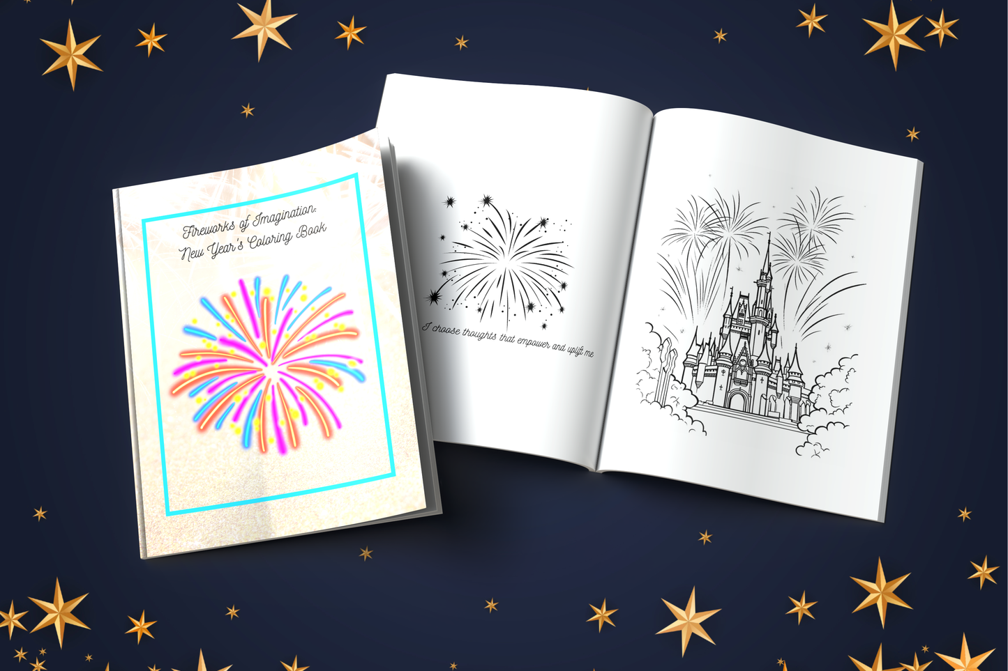 New Year coloring book with fireworks and imaginative affirmations
