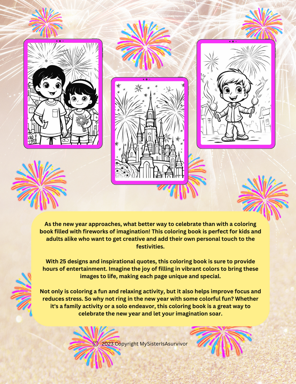 New Year coloring book with fireworks and imaginative affirmations
