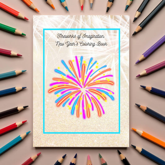 New Year coloring book with fireworks and imaginative affirmations