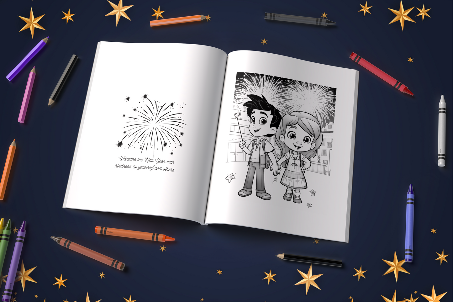New Year coloring book with fireworks and imaginative affirmations