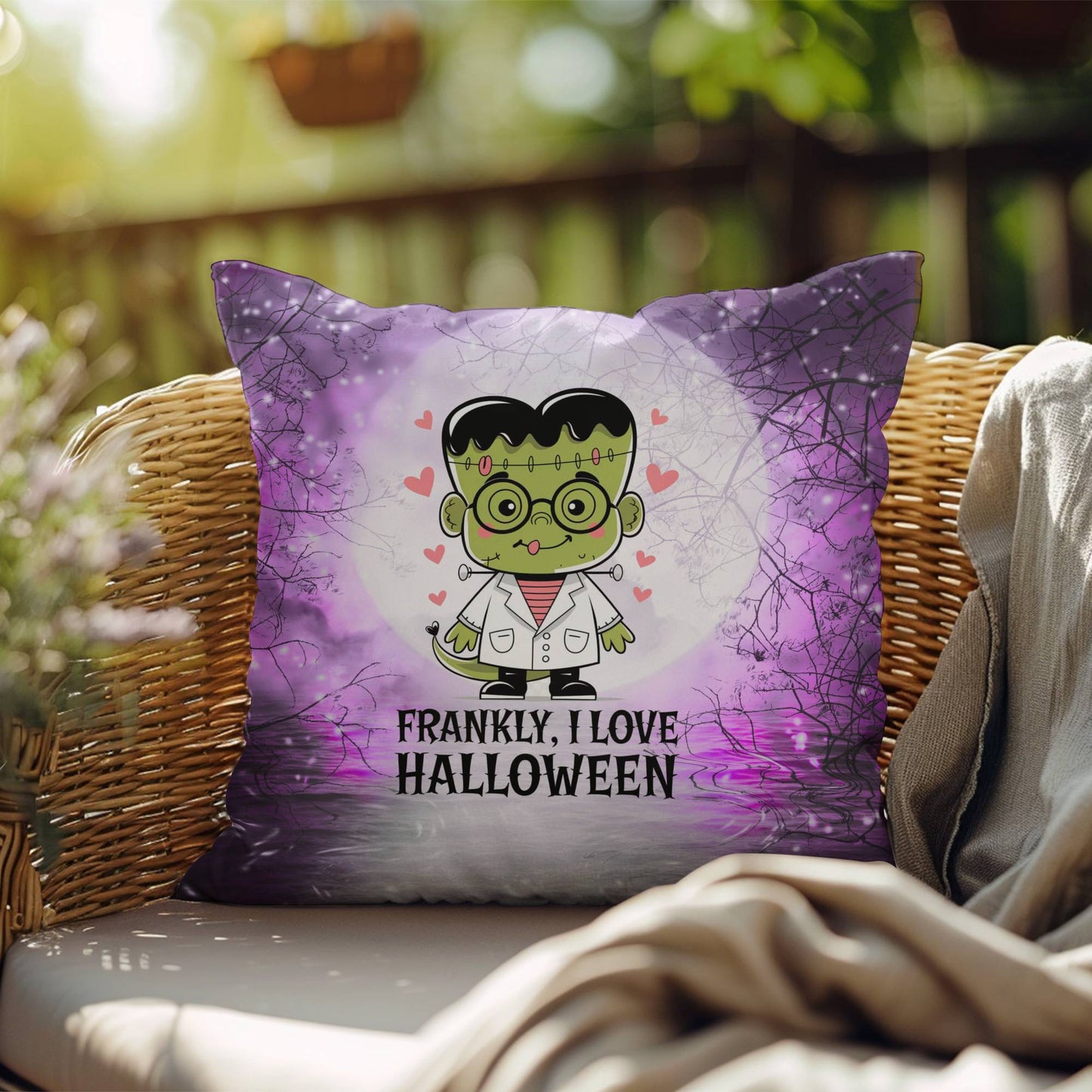 Frankenstein-inspired indoor/outdoor Halloween pillow with “Frankly I Love Halloween”