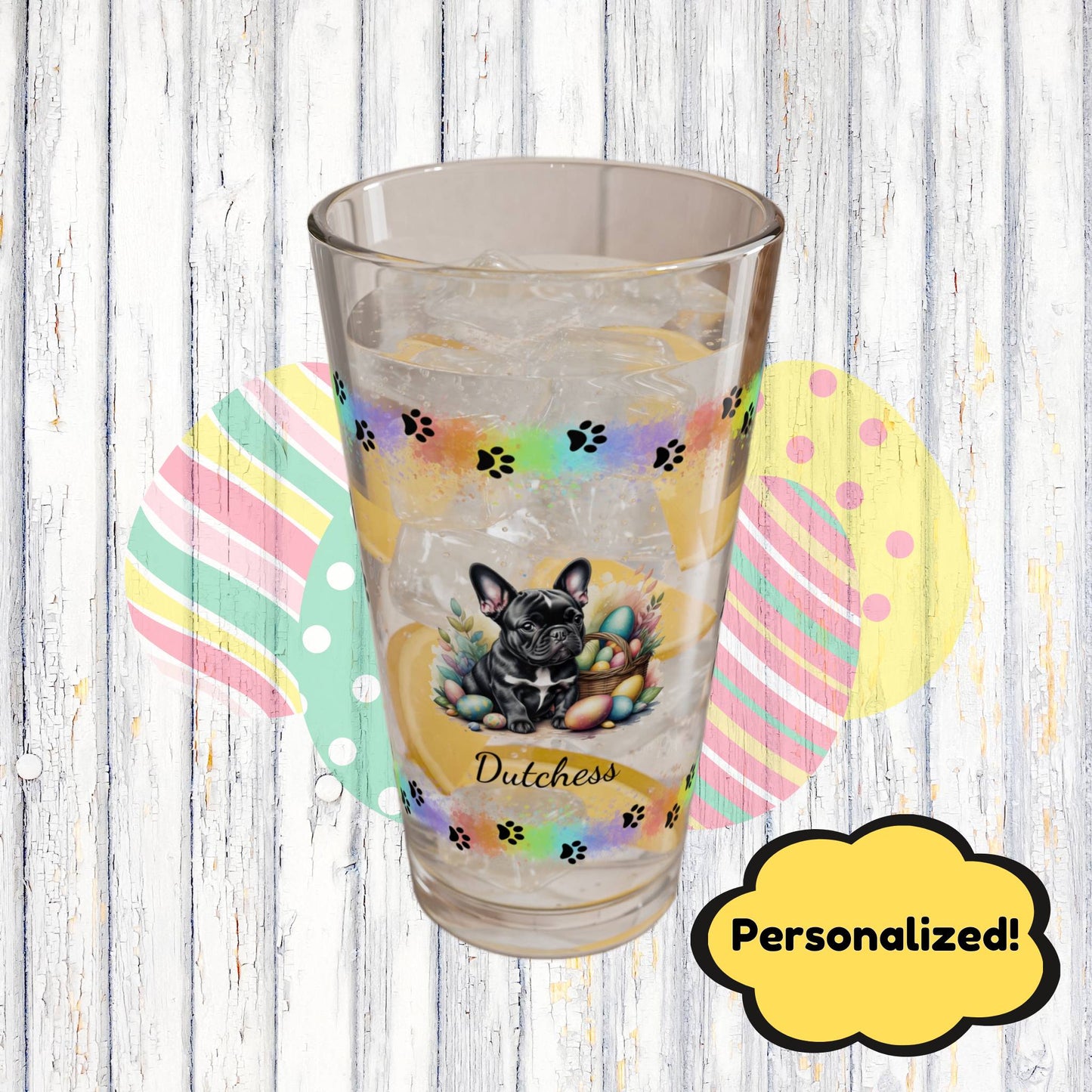 French Bulldog (Black) Personalized Easter Puppy 16oz Pint Glass - Custom Dog Design, Mental Health Gift, Easter Décor, and Festive Celebrations