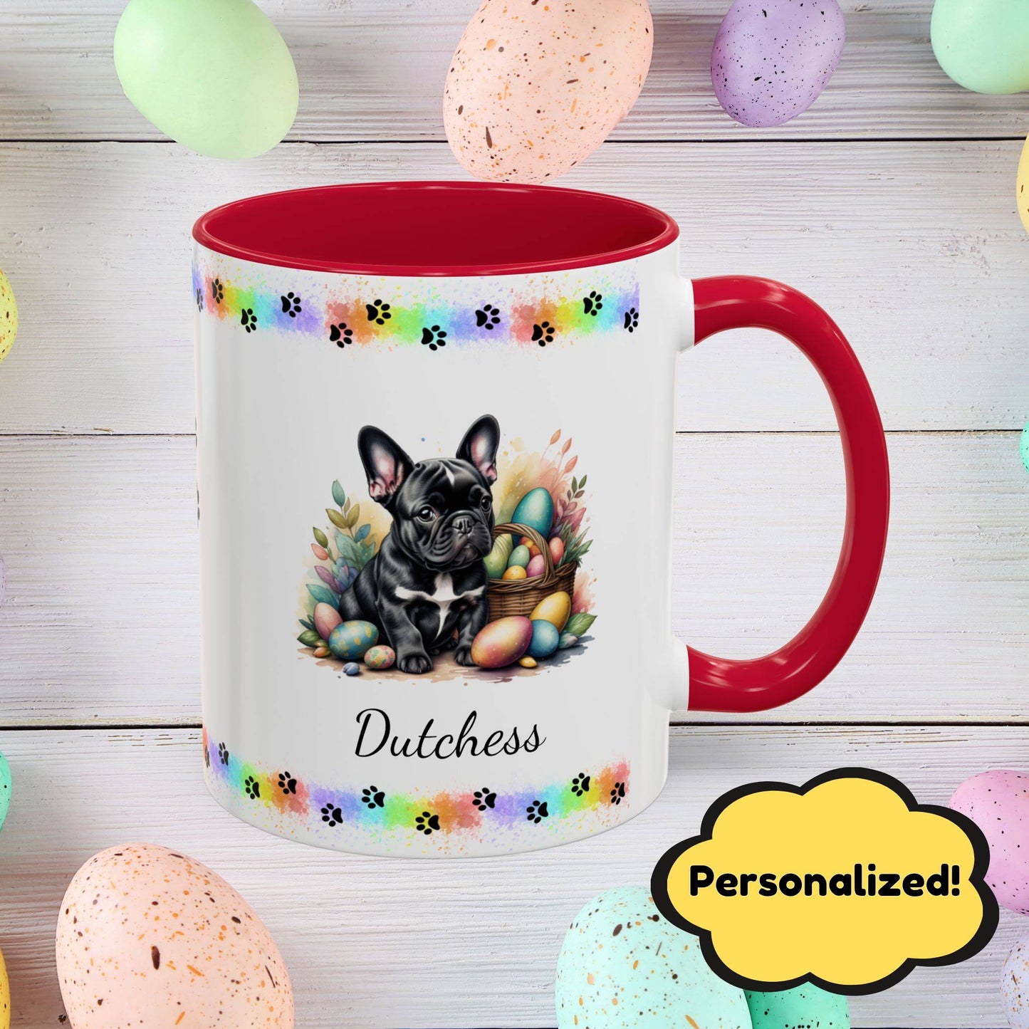 French Bulldog Black Easter puppy coffee mug, personalized cute dog gift for mental health awareness and cozy sipping
