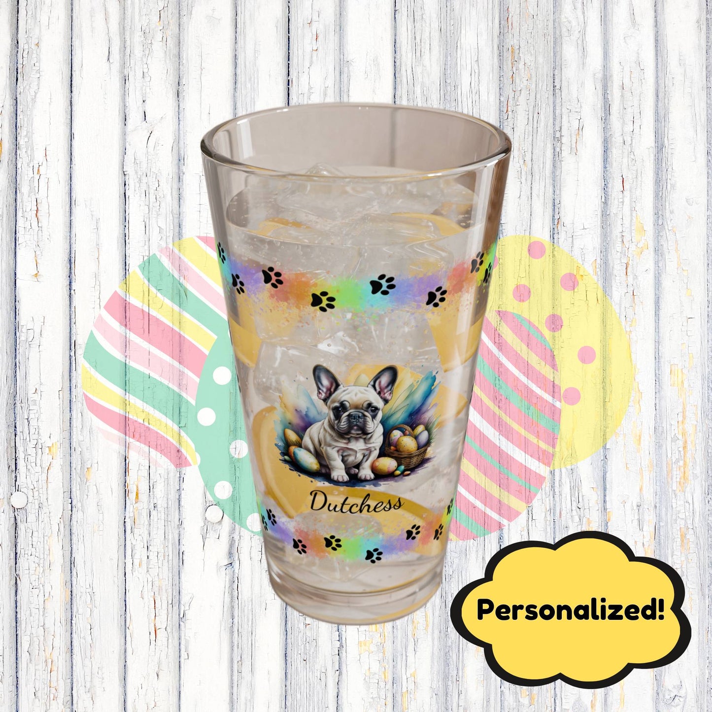 French Bulldog (Cream) Personalized Easter Puppy 16oz Pint Glass - Custom Dog Design, Mental Health Gift, Easter Décor, and Festive Celebrations