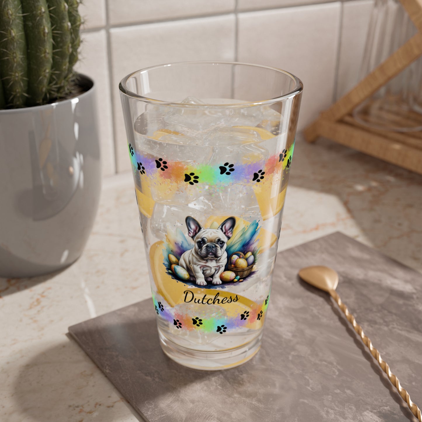 French Bulldog (Cream) Personalized Easter Puppy 16oz Pint Glass - Custom Dog Design, Mental Health Gift, Easter Décor, and Festive Celebrations