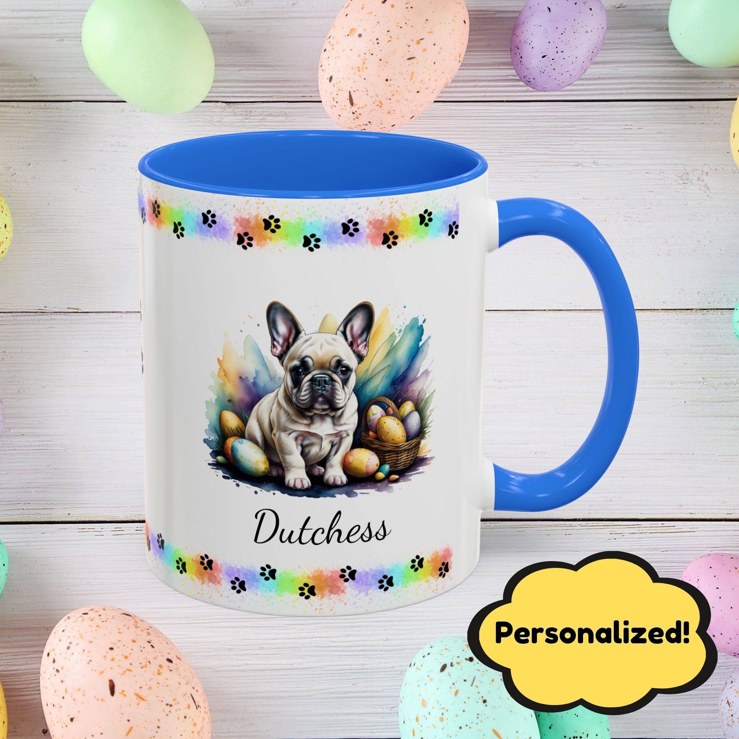French Bulldog Cream Easter puppy coffee mug, personalized cute dog coffee cup gift for mental health awareness