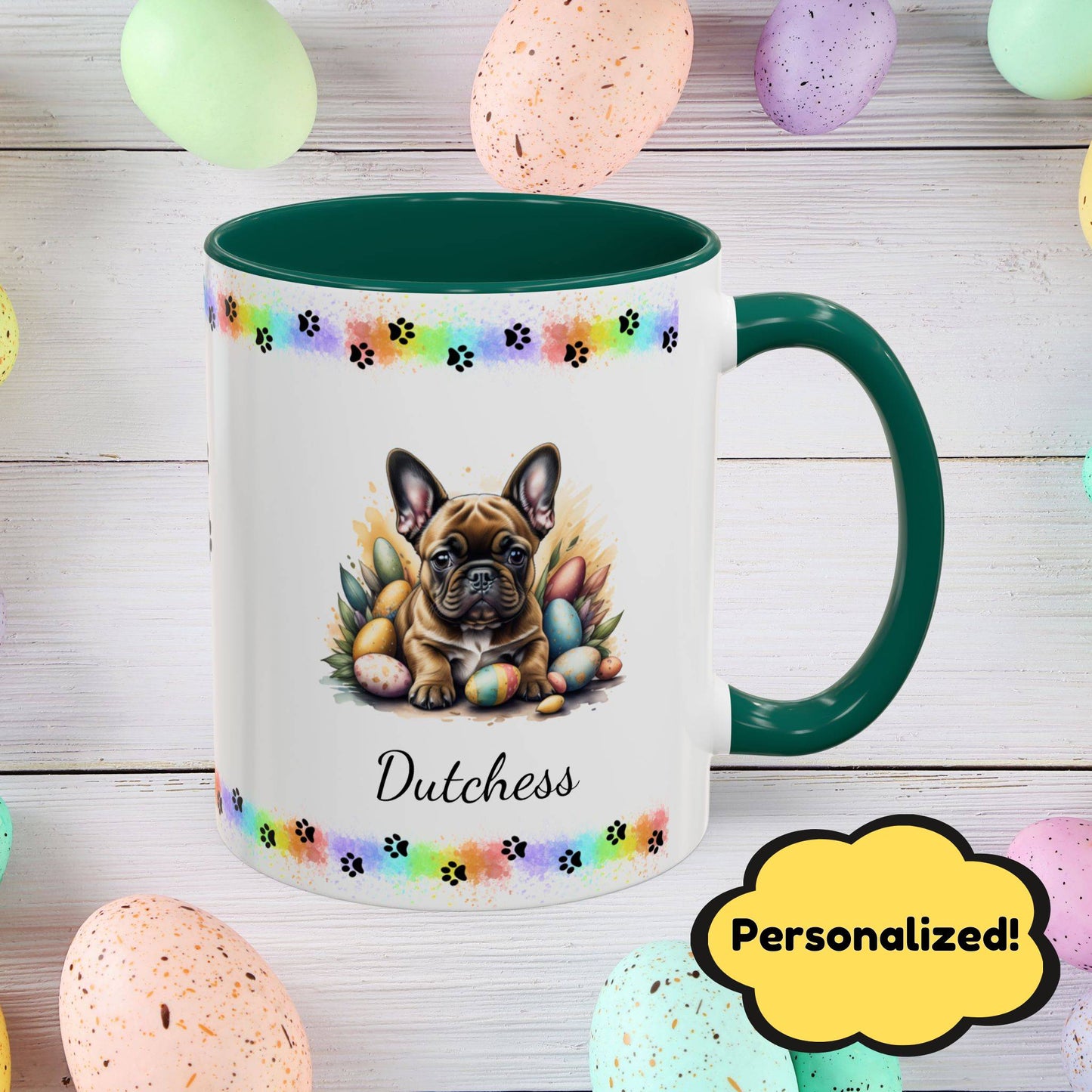 French Bulldog Fawn Easter puppy coffee mug, personalized cute dog gift for mental health support and cozy drinks