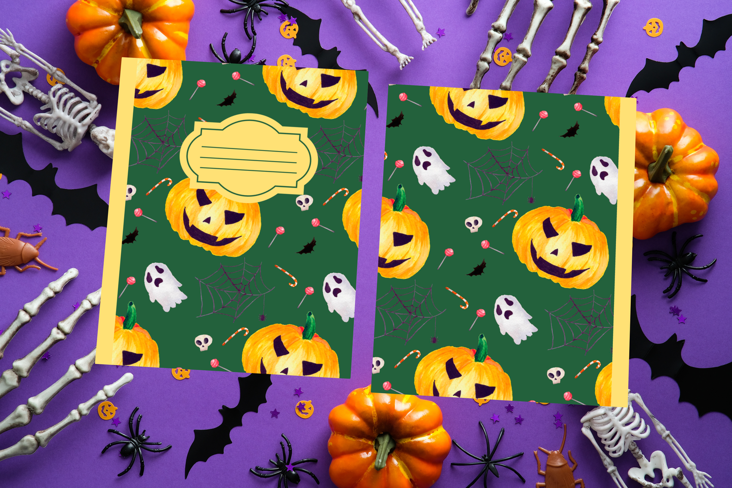 Dark Green Halloween soft cover composition notebook with pumpkin designs, wide ruled lined journal for school or notes