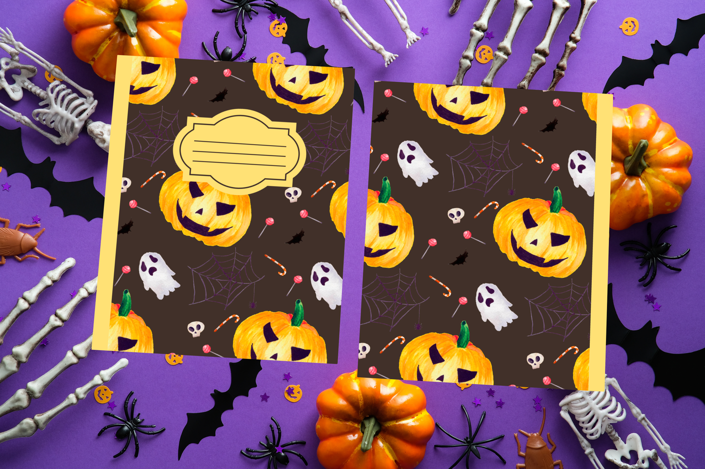 Dark Brown Halloween soft cover composition notebook with pumpkin design, wide ruled writing and journaling notebook