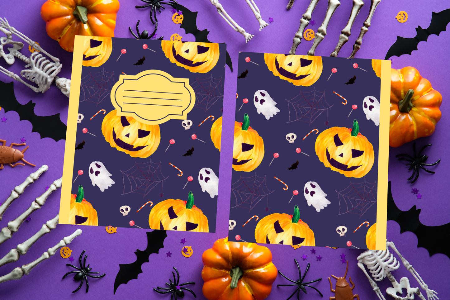 Navy Halloween soft cover composition notebook with pumpkin designs, wide ruled lined journal for school or journaling