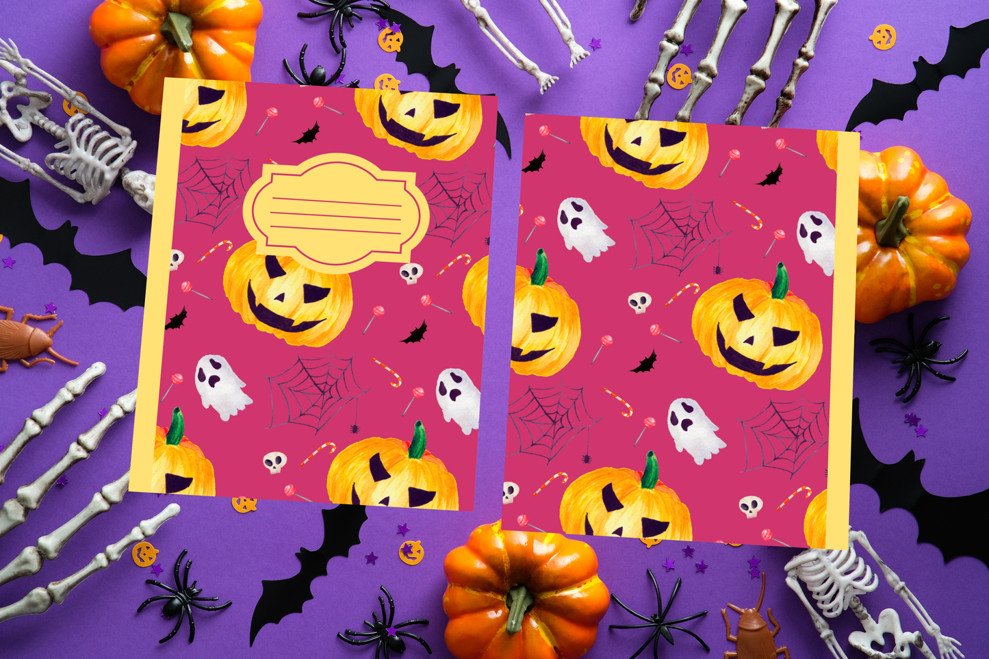 Raspberry Halloween soft cover composition notebook with pumpkin design, wide ruled lined journal for notes or writing