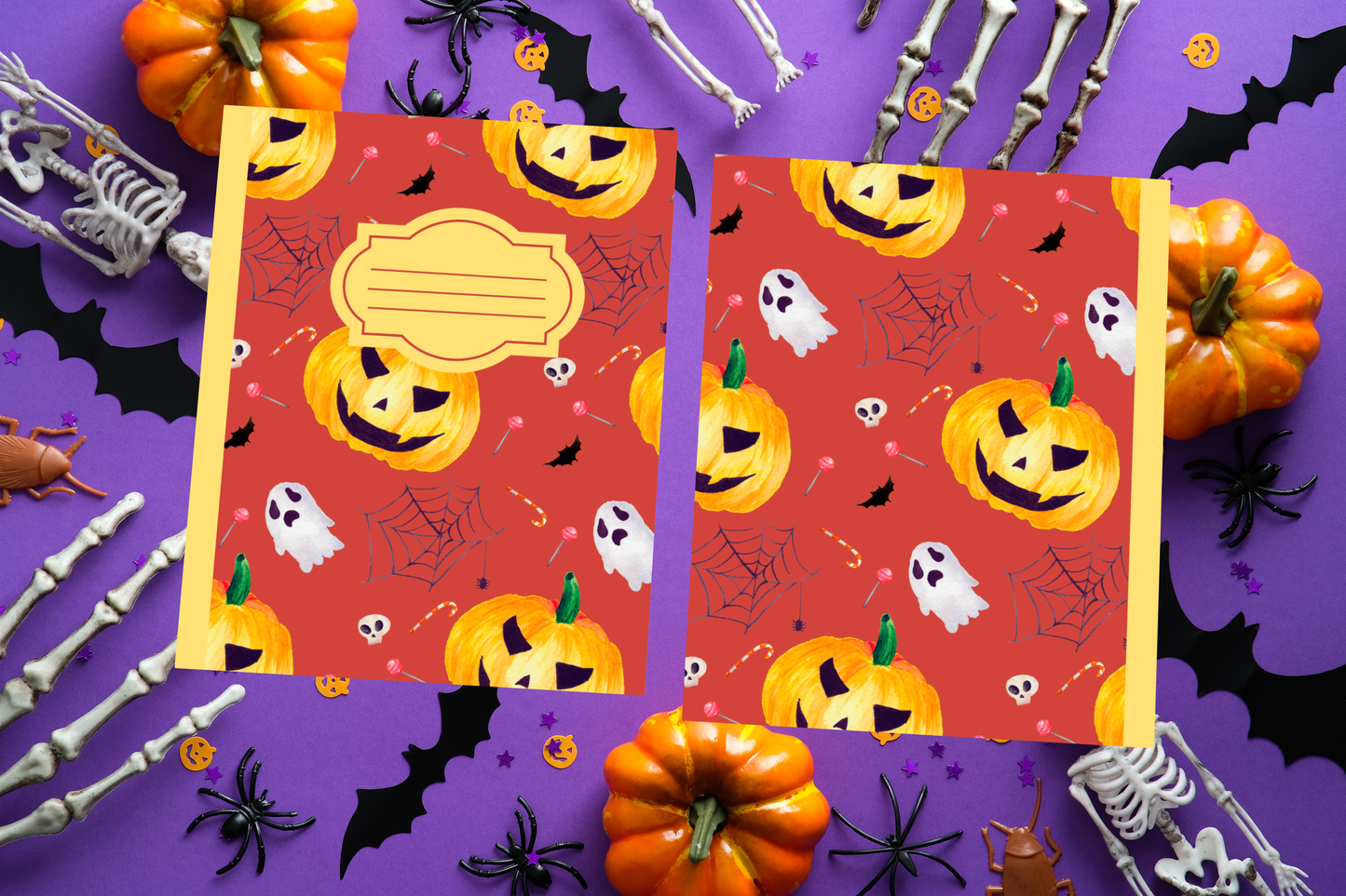 Dark Orange Halloween soft cover composition notebook with pumpkin pattern, wide ruled lined pages for writing