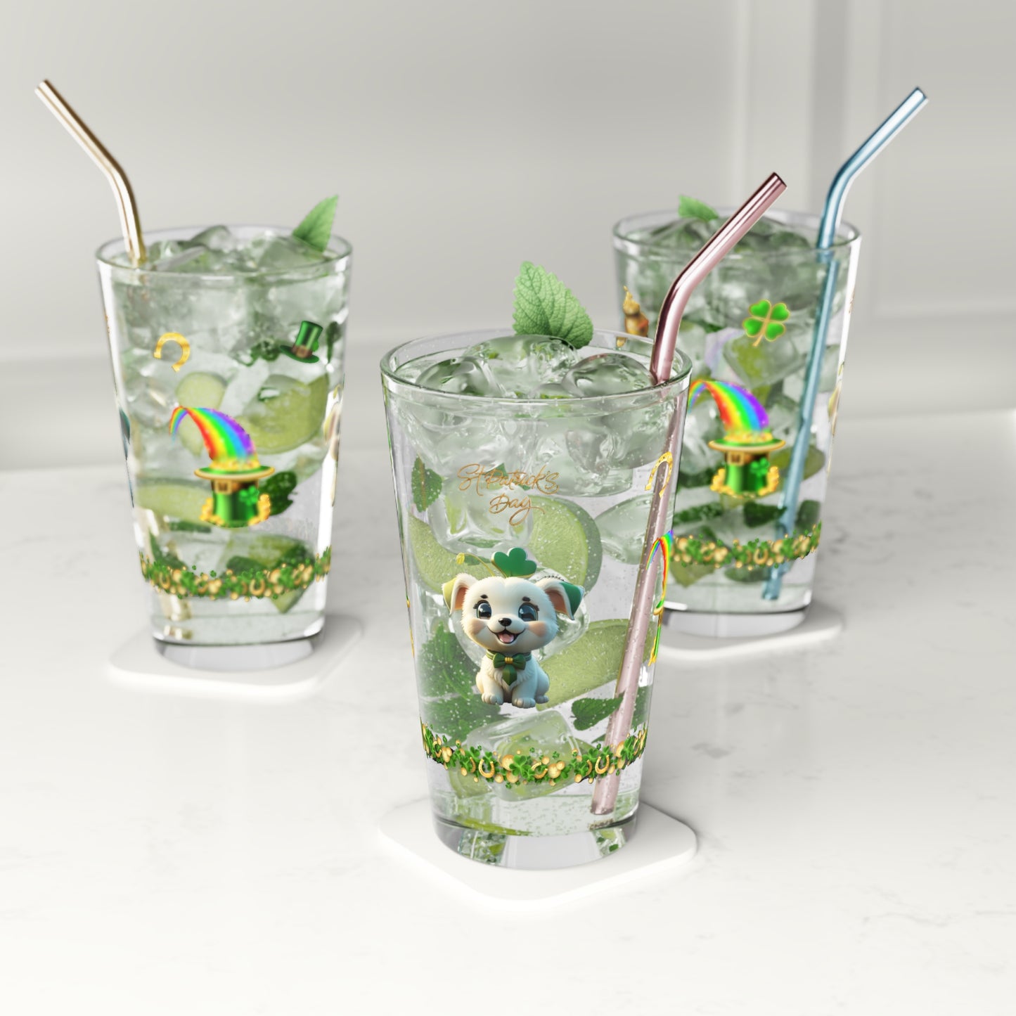 Gaelic Gratitude Puppy: Mindful St. Patrick's Day 16oz Pint Glasses - Festive Design for Positivity & Wellness