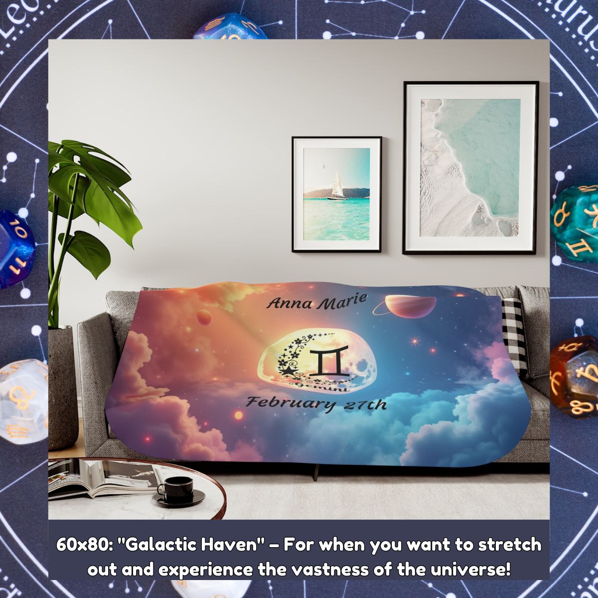 Personalized Gemini zodiac throw blanket. Ideal for self-love, emotional comfort, and astrology-inspired relaxation.