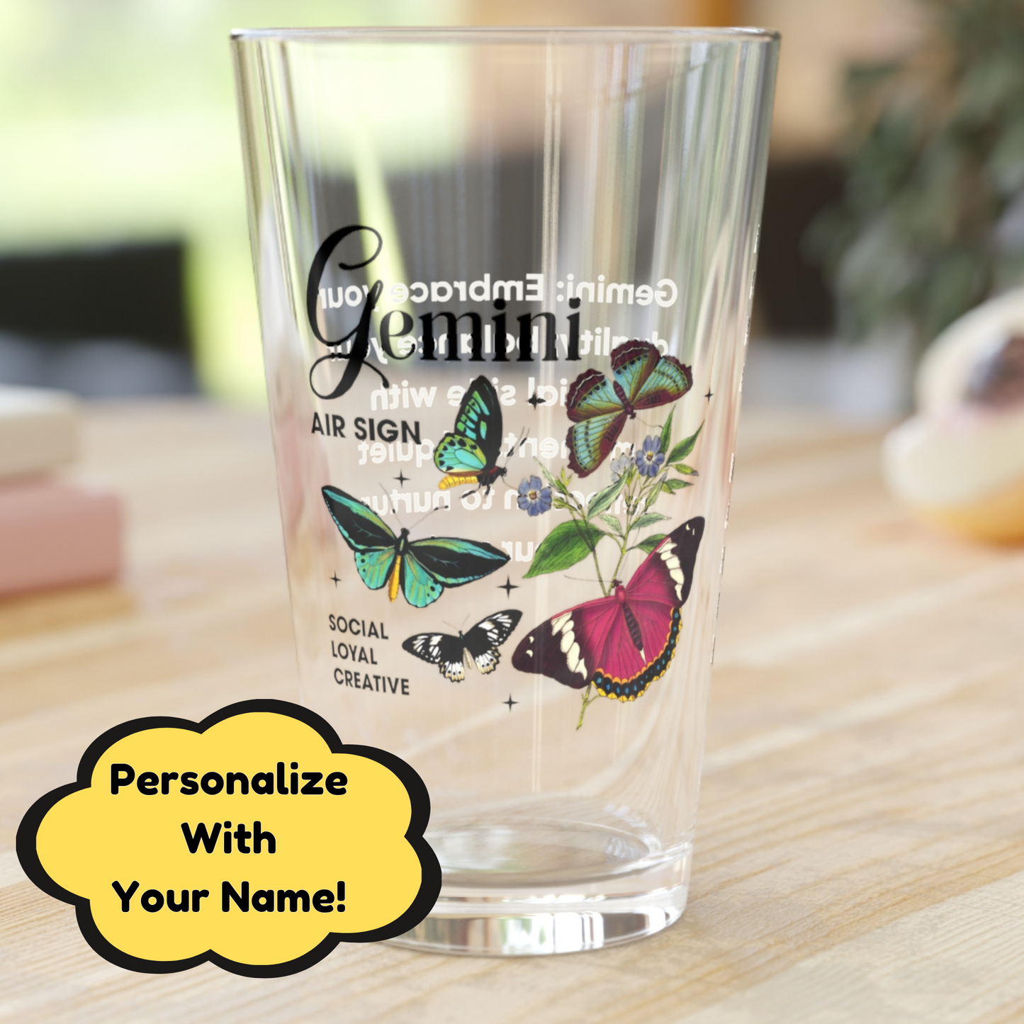 Gemini zodiac pint glass, personalized 16oz astrology birthday drinkware, horoscope star sign gift