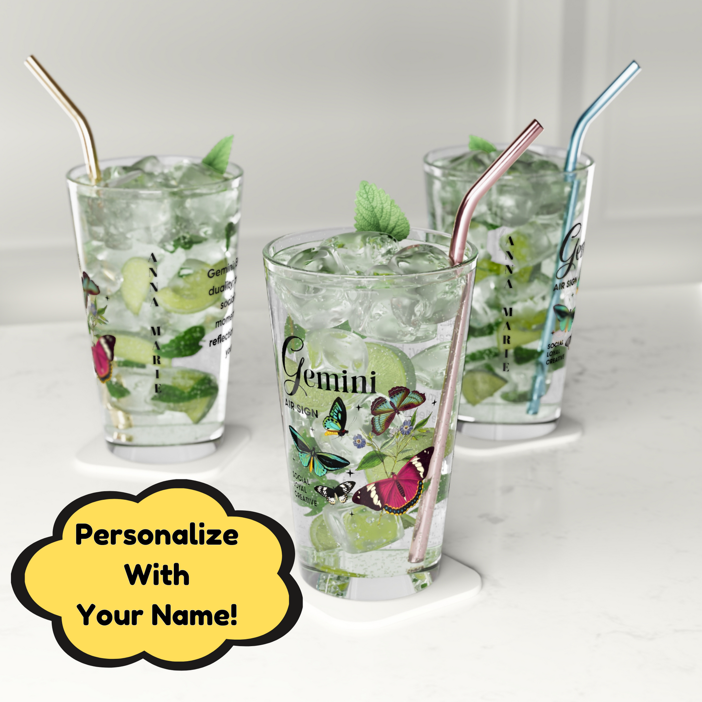 Gemini zodiac pint glass, personalized 16oz astrology birthday drinkware, horoscope star sign gift