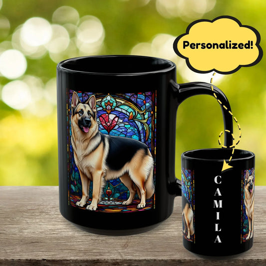 Shop our german shepherd black cream personalized mug with stained glass design 11oz 15oz featuring the 15oz style option from MySisterIsASurvivor.
