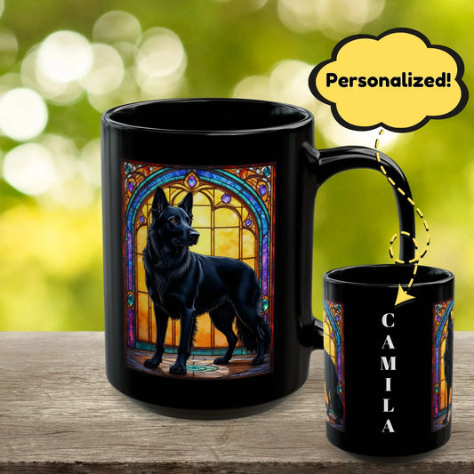 Shop our german shepherd black personalized mug with stained glass design 11oz 15oz featuring the 15oz style option from MySisterIsASurvivor.