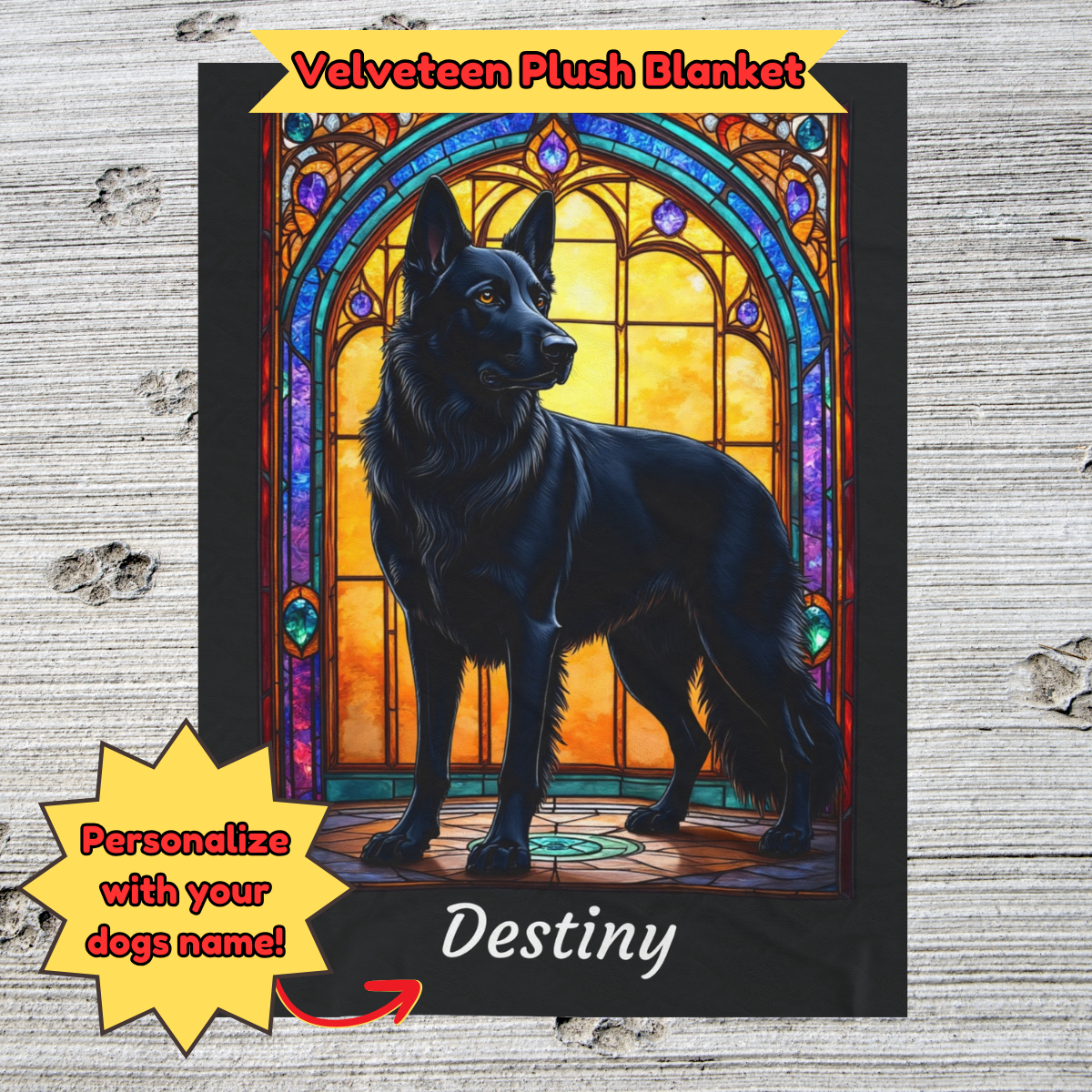 German Shepherd (Black) Velveteen Plush Stained Glass Dog Blanket, Pet Lover Gift