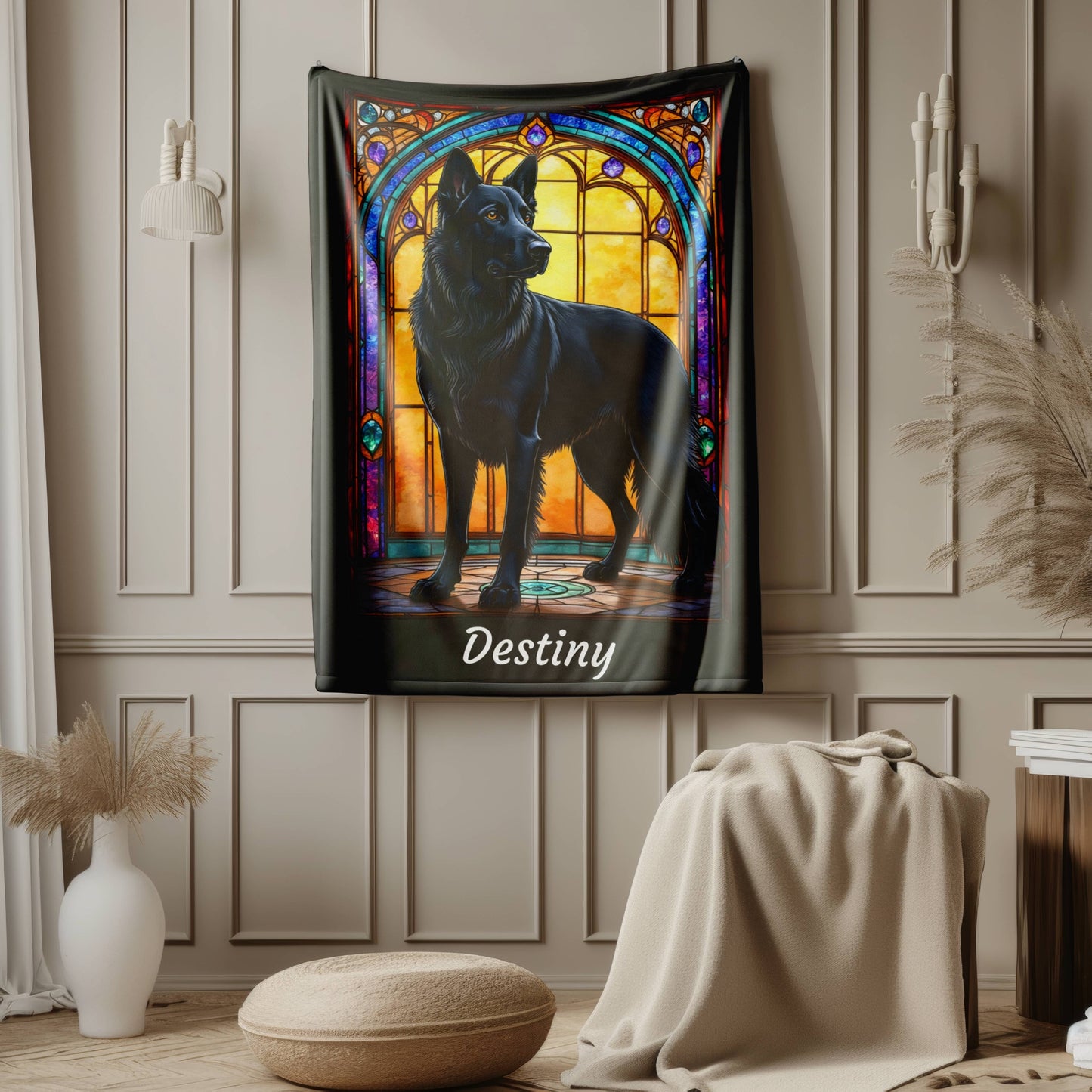 German Shepherd (Black) Velveteen Plush Stained Glass Dog Blanket, Pet Lover Gift