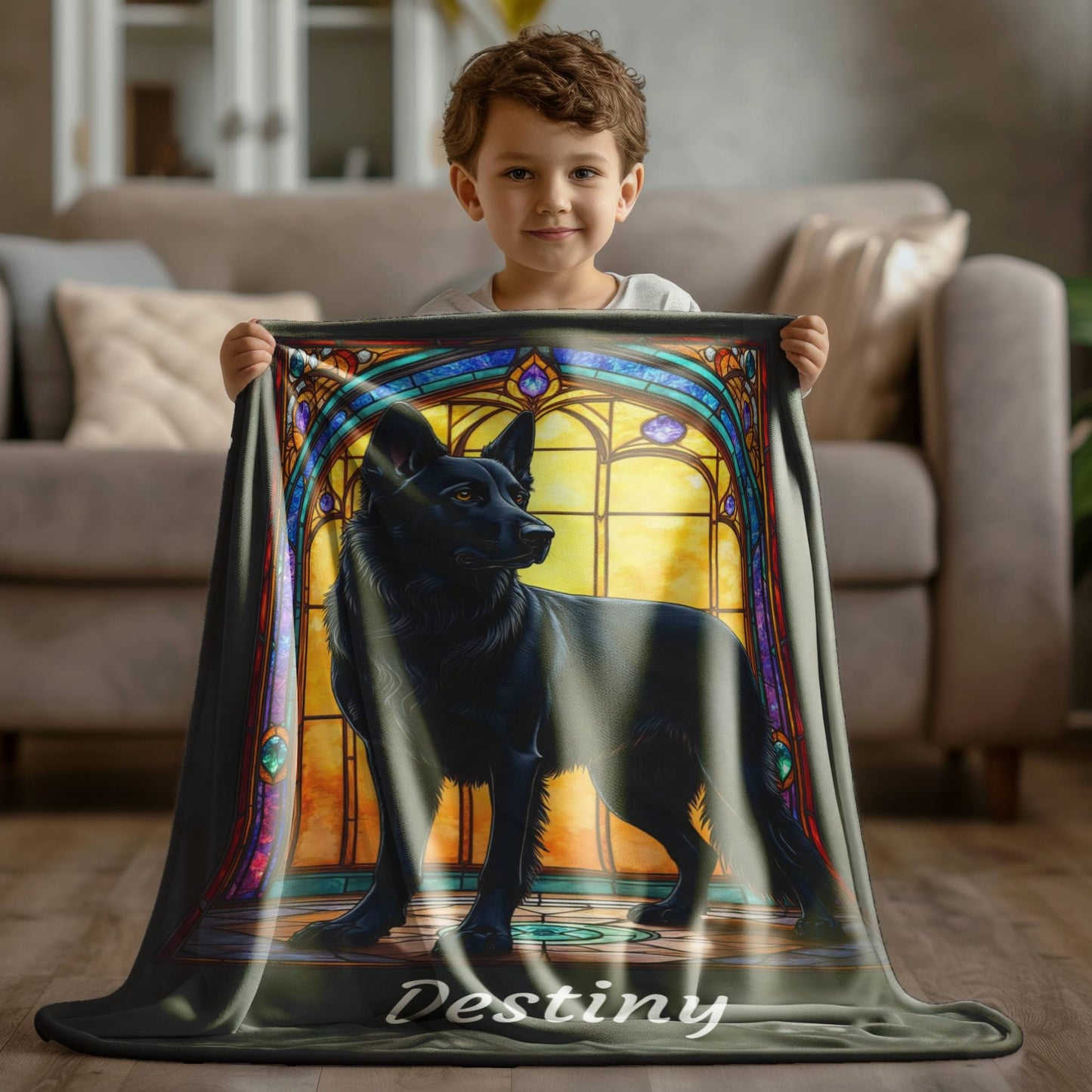German Shepherd (Black) Velveteen Plush Stained Glass Dog Blanket, Pet Lover Gift