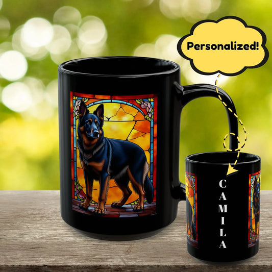 Shop our german shepherd black red blanket personalized mug with stained glass design 11oz 15oz featuring the 15oz style option from MySisterIsASurvivor.