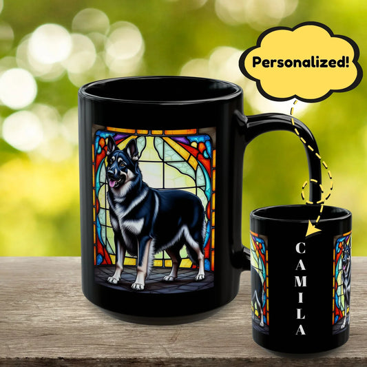 Shop our german shepherd black silver blanket personalized mug with stained glass design 11oz 15oz featuring the 15oz style option from MySisterIsASurvivor.