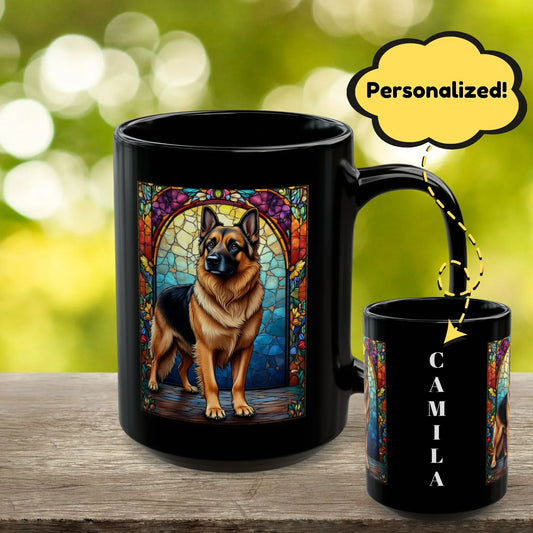 Shop our german shepherd black tan personalized mug with stained glass design 11oz 15oz featuring the 15oz style option from MySisterIsASurvivor.
