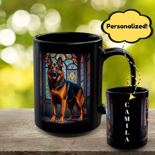 Shop our german shepherd red black personalized mug with stained glass design 11oz 15oz featuring the 15oz style option from MySisterIsASurvivor.