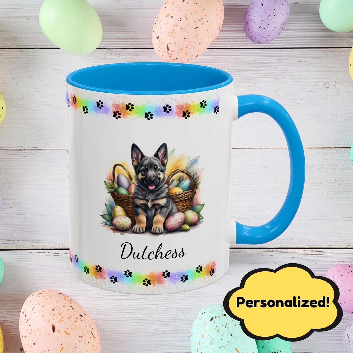 German Shepherd Sable Easter puppy coffee mug, personalized cute dog gift for mental health awareness and comfort
