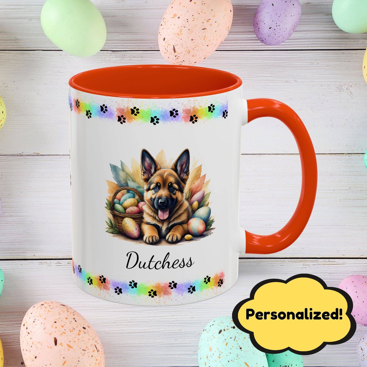 German Shepherd (Saddle): Personalized Easter Puppy Coffee Mug - Adorable Dog Design, Mental Health Gift, 11oz & 15oz, 12 Color Choices, Easter Gifts & Décor