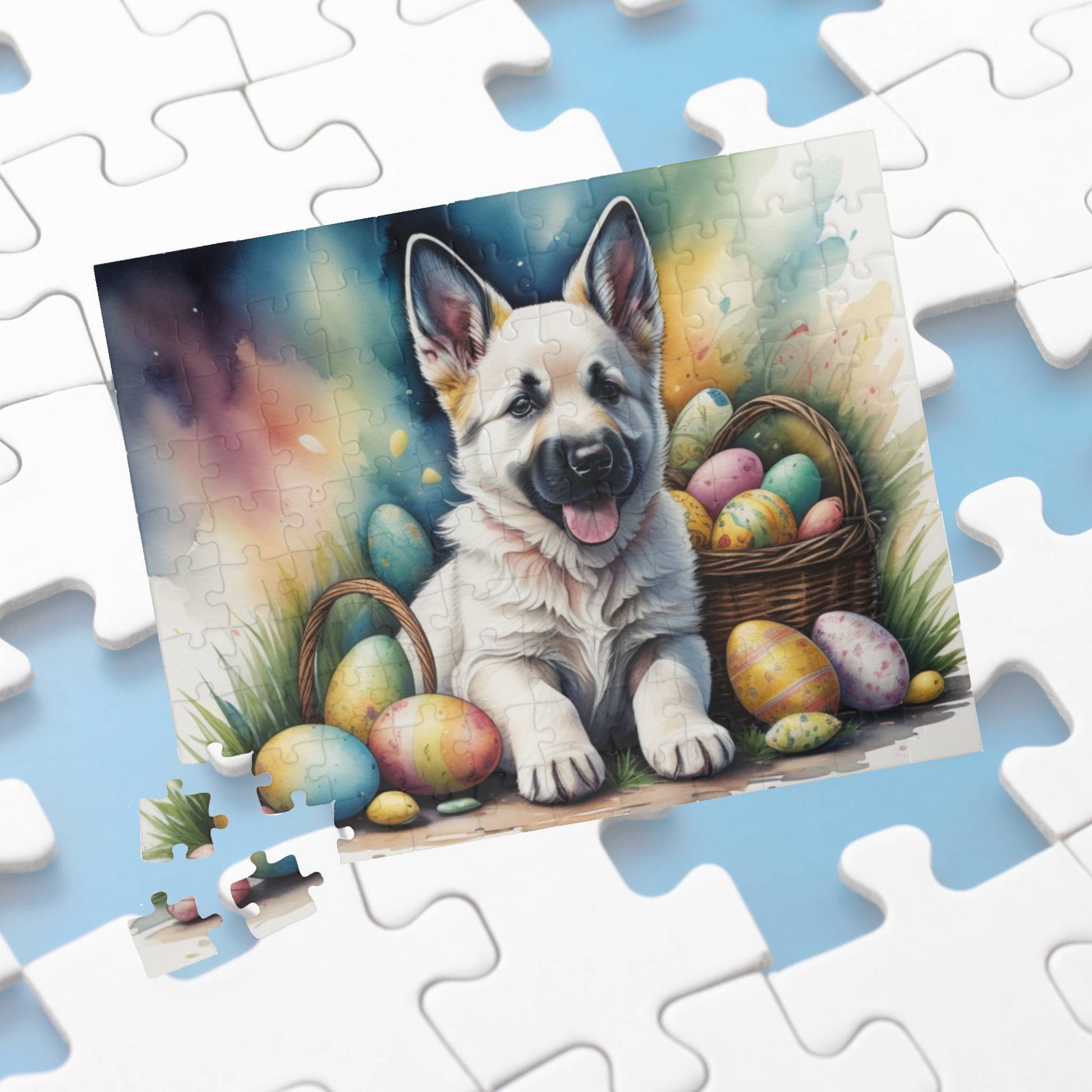 German Shepherd (White) Easter Puppy Puzzle - Dog Lovers, Mental Health Benefits, Holiday Fun, Mindfulness, Stress Relief, Festive Gift