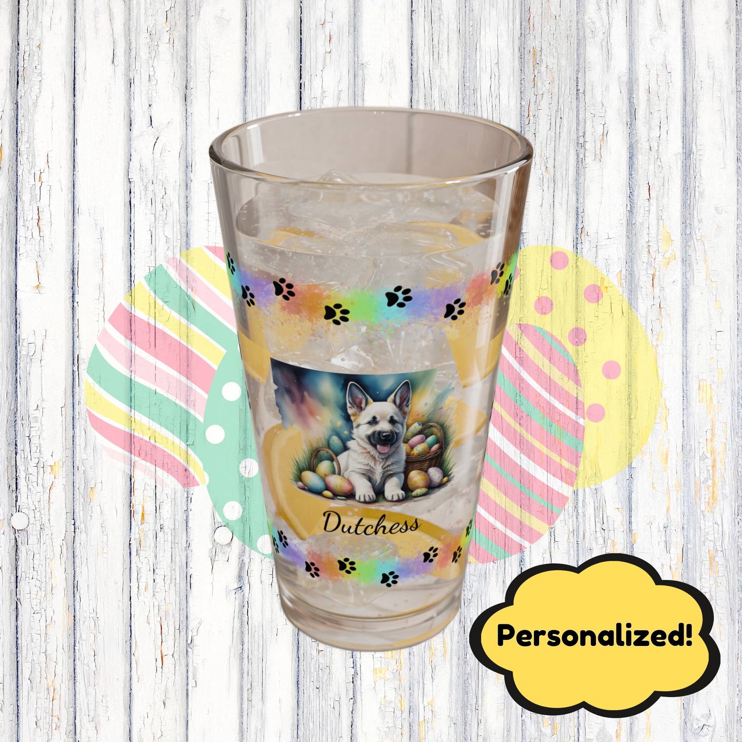 German Shepherd (White) Personalized Easter Puppy 16oz Pint Glass - Custom Dog Design, Mental Health Gift, Easter Décor, and Festive Celebrations
