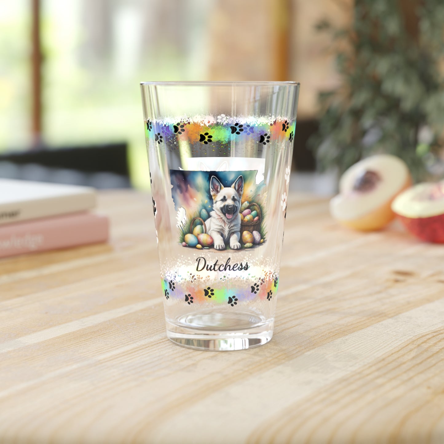 German Shepherd (White) Personalized Easter Puppy 16oz Pint Glass - Custom Dog Design, Mental Health Gift, Easter Décor, and Festive Celebrations