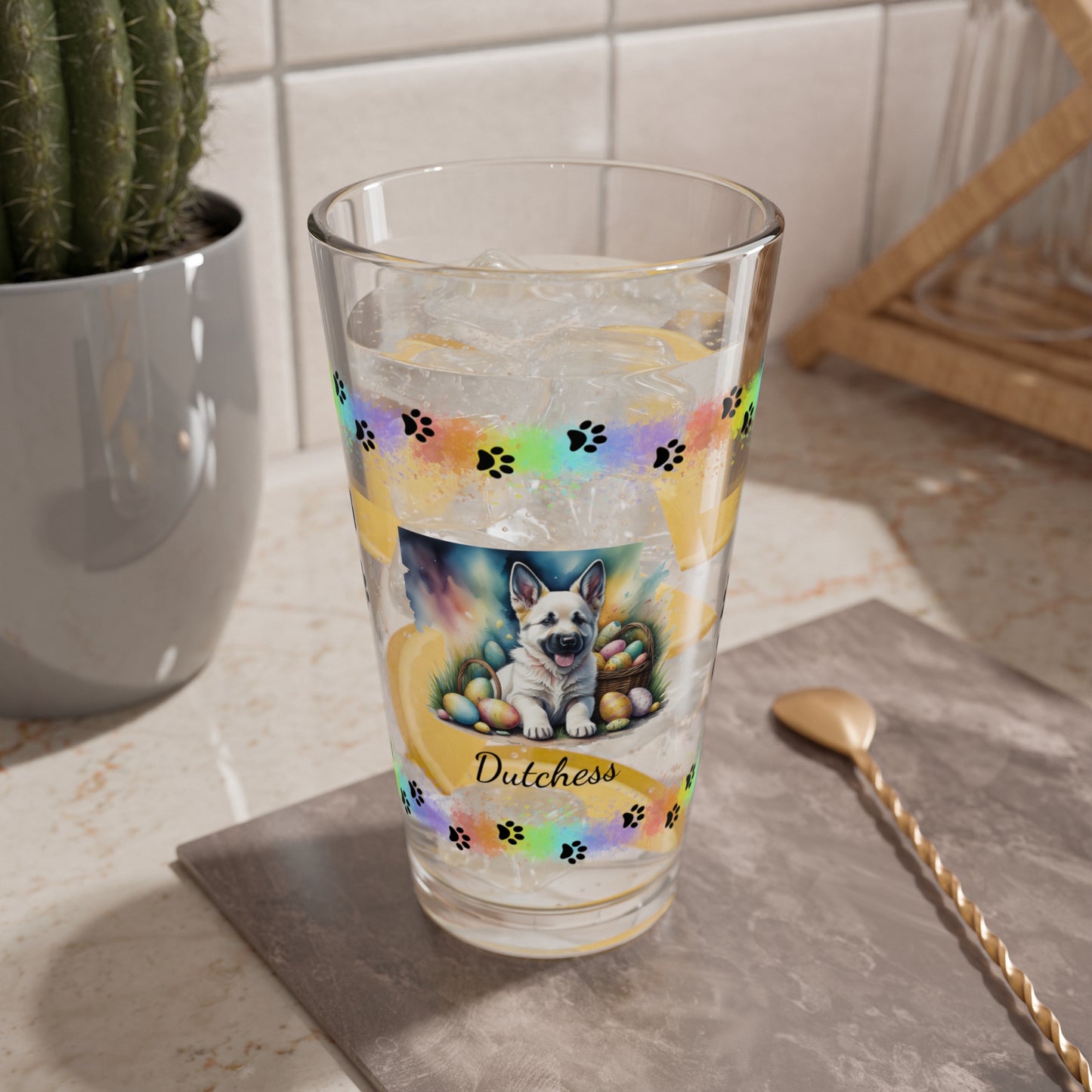 German Shepherd (White) Personalized Easter Puppy 16oz Pint Glass - Custom Dog Design, Mental Health Gift, Easter Décor, and Festive Celebrations