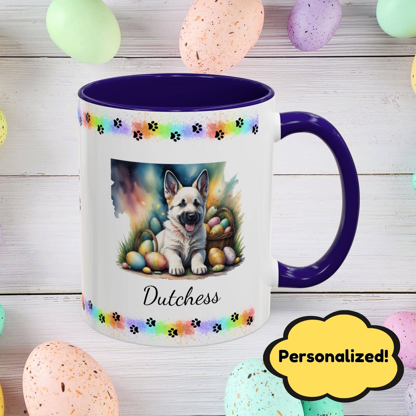 German Shepherd White Easter puppy coffee mug, personalized cute dog gift for mental health awareness and cozy sipping