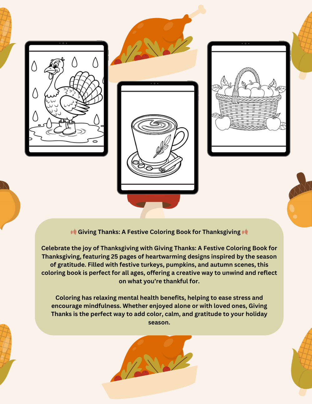 Thanksgiving coloring book with gratitude affirmations and fall leaves