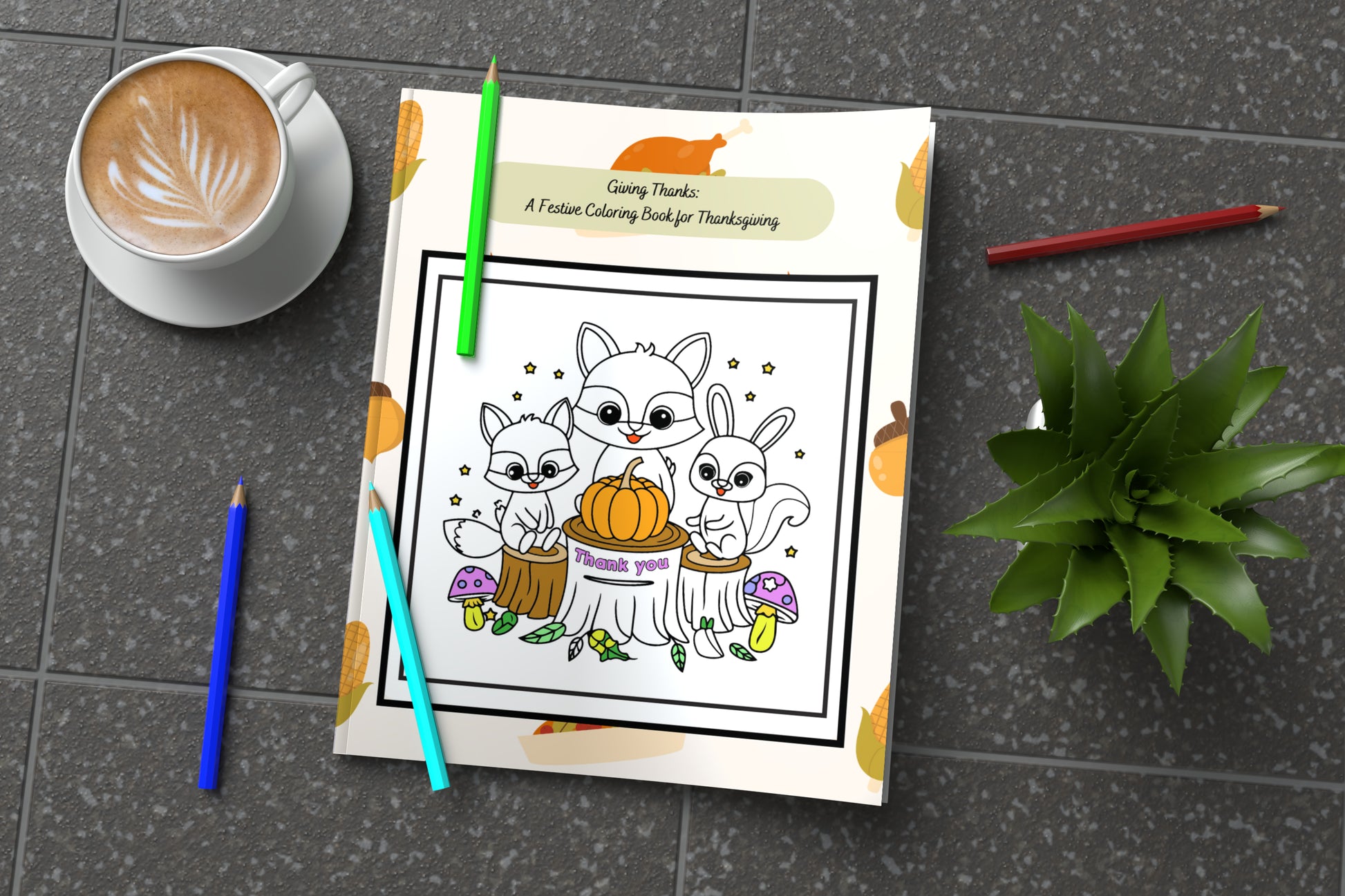 Thanksgiving coloring book with gratitude affirmations and fall leaves