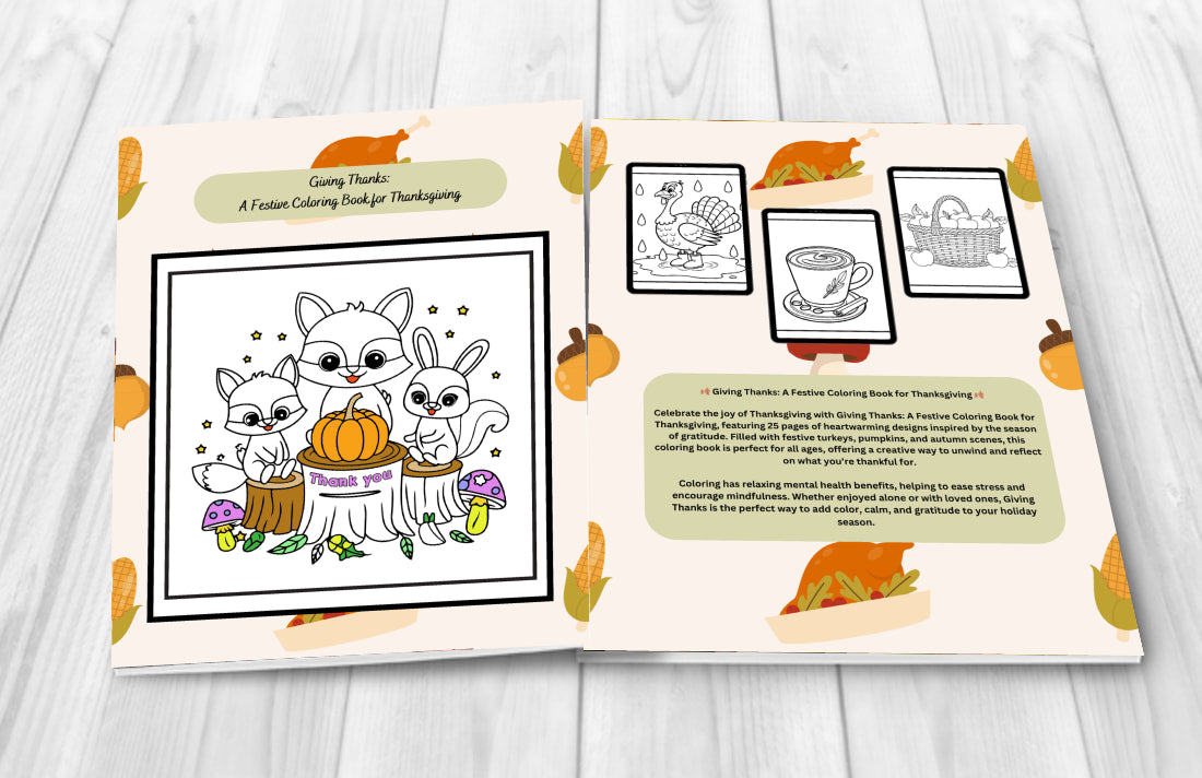 Thanksgiving coloring book with gratitude affirmations and fall leaves