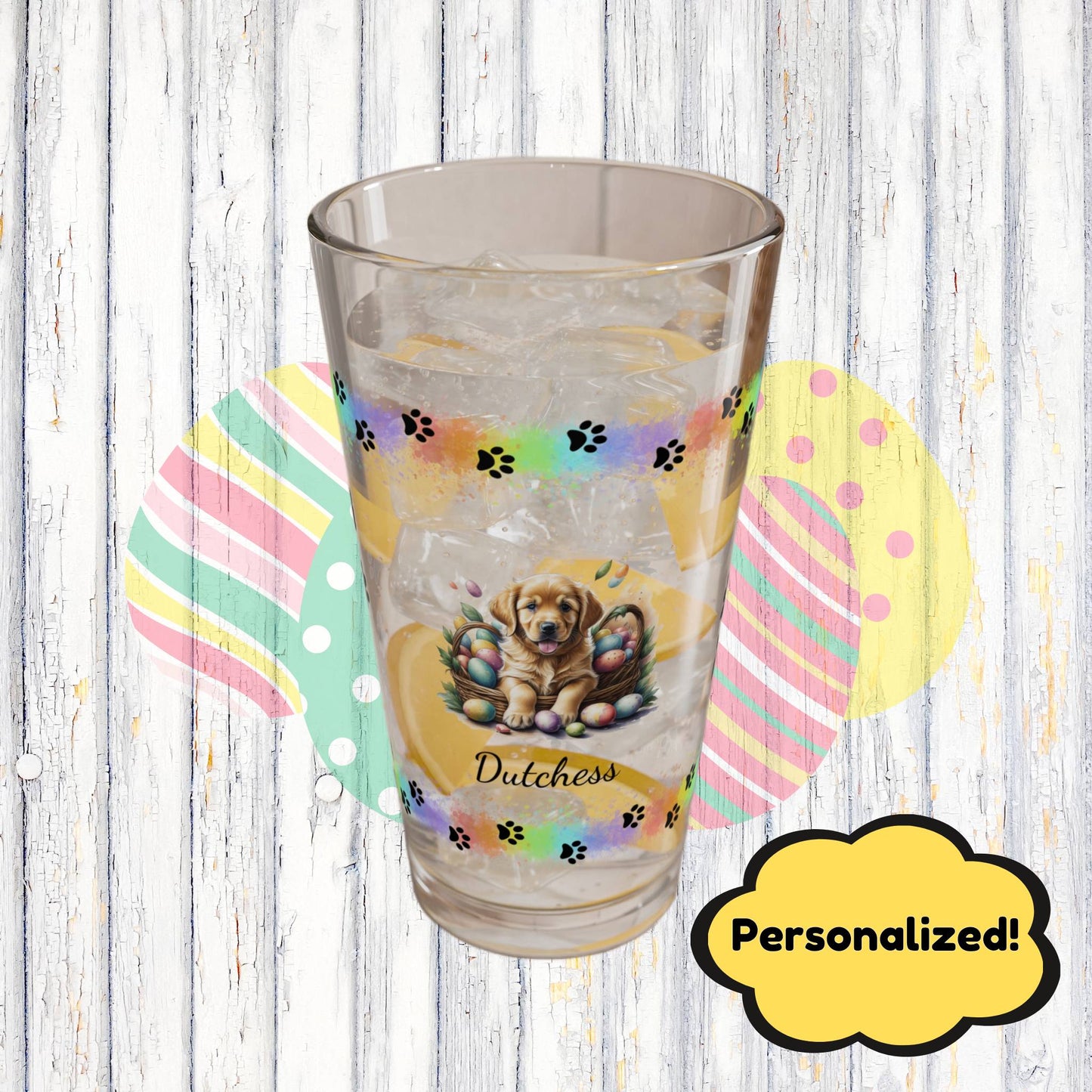 Golden Retriever Personalized Easter Puppy 16oz Pint Glass - Custom Dog Design, Mental Health Gift, Easter Décor, and Festive Celebrations
