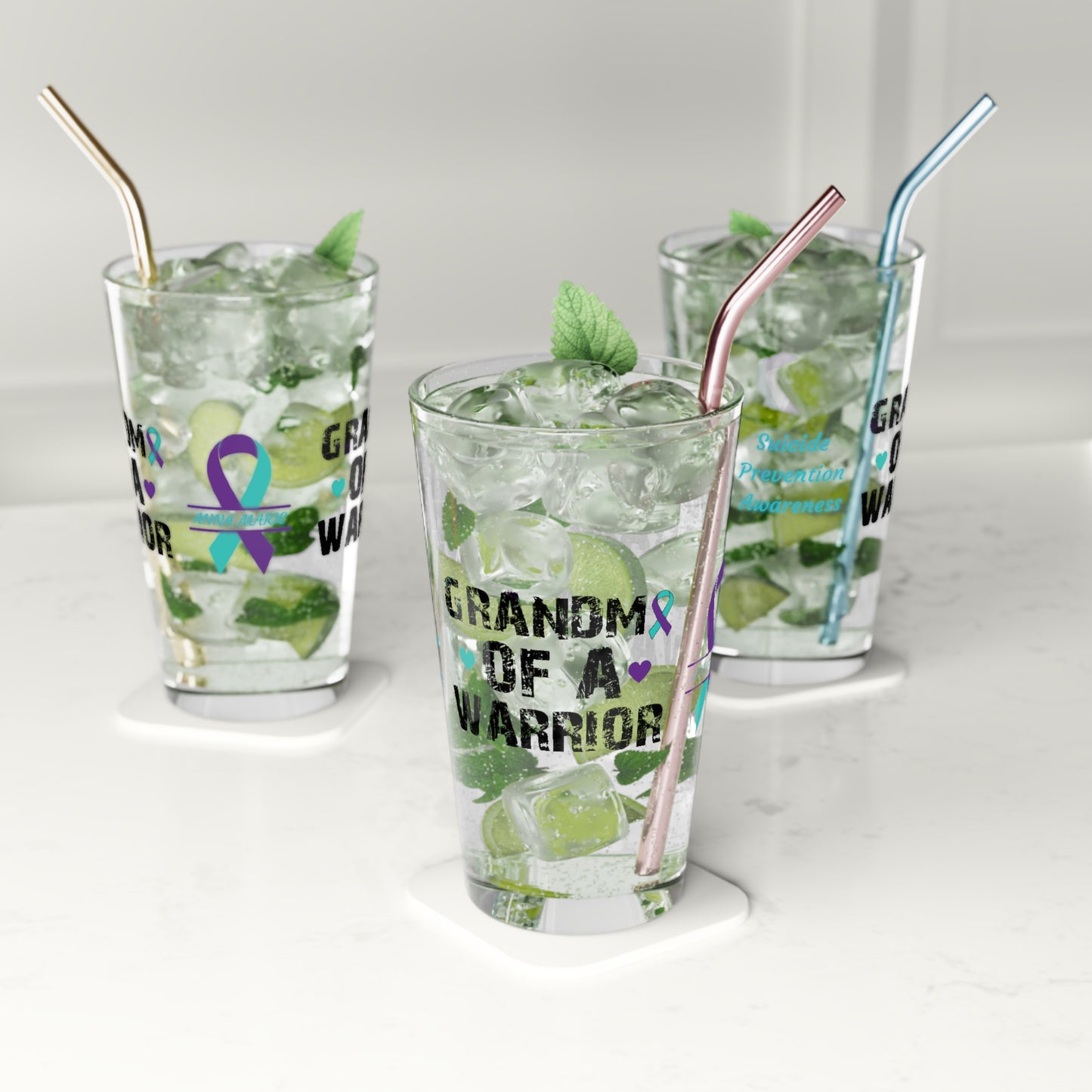 Grandma of a Warrior: Personalized Suicide Prevention Awareness Warrior Pint Glass - Proud Family Member
