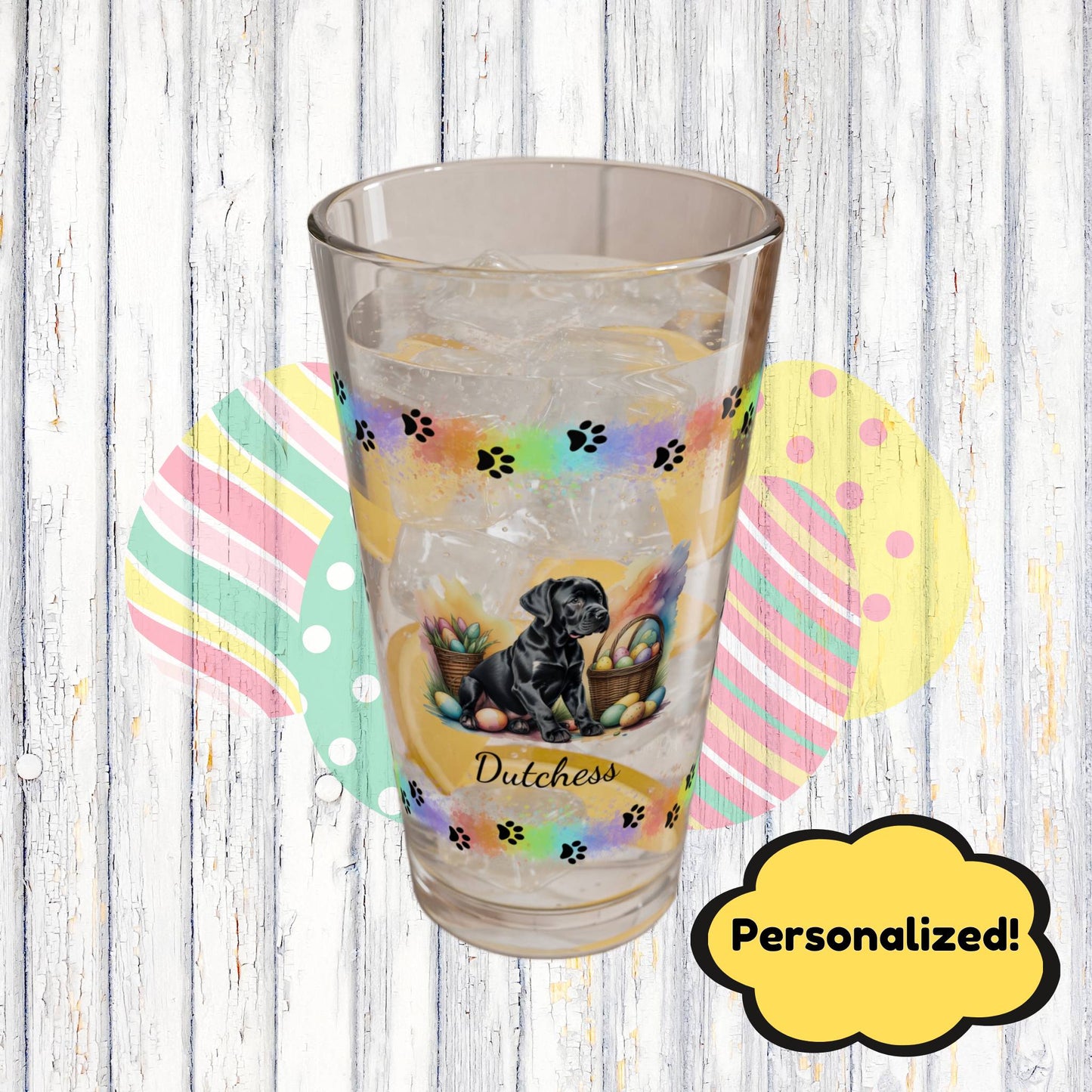 Great Dane (Black) Personalized Easter Puppy 16oz Pint Glass - Custom Dog Design, Mental Health Gift, Easter Décor, and Festive Celebrations