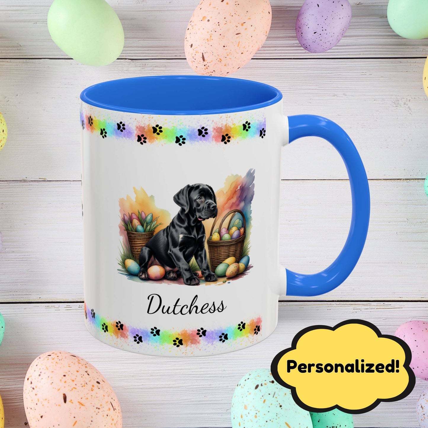 Great Dane Black Easter puppy coffee mug, personalized cute dog gift for mental health support and cozy sipping
